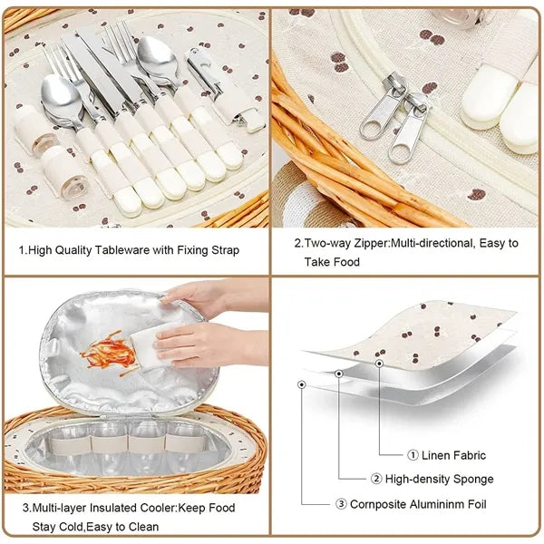 Round portable picnic basket for knife and fork table