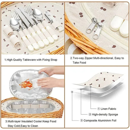 Round portable picnic basket for knife and fork table