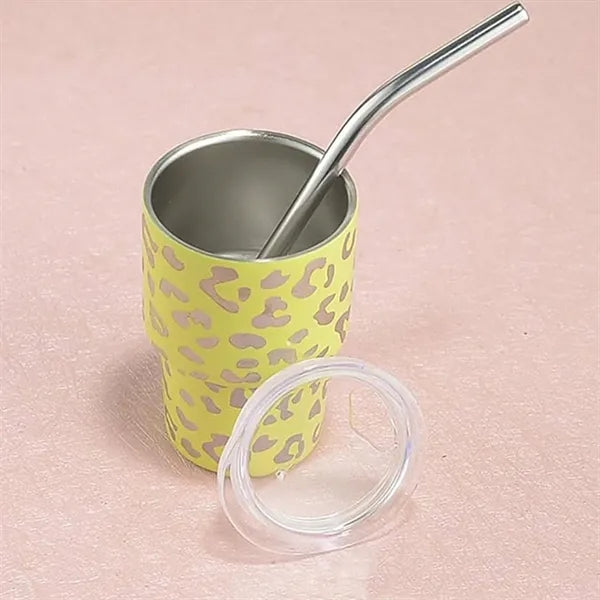 2 OZ Mini Leopard Print With Straw Stainless Steel Party Cup
