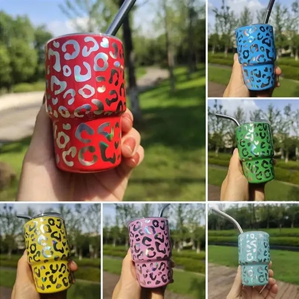 2 OZ Mini Leopard Print With Straw Stainless Steel Party Cup