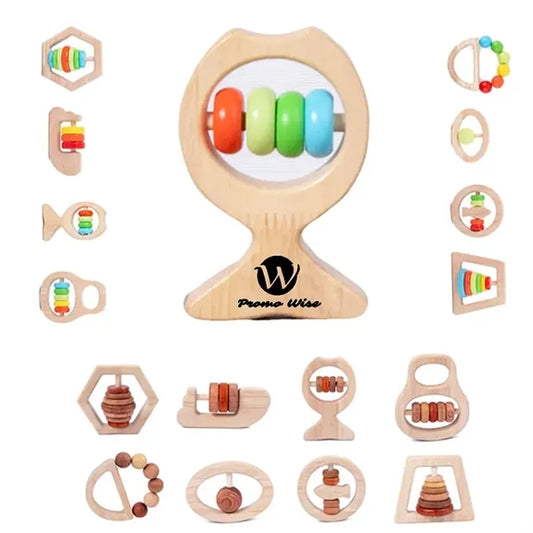 Wooden Rainbow Color Rattles Toy Set for Infant Newborn
