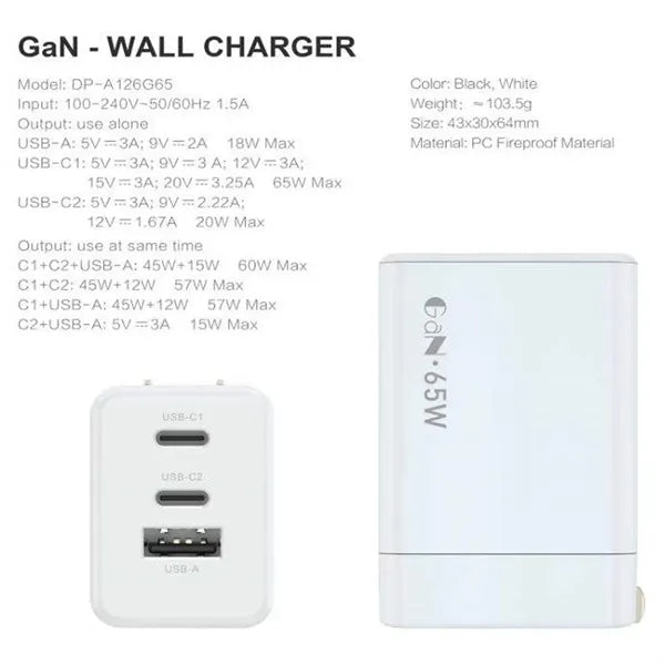 65W Porous GaN Charging Plug with 1 USB-A and 2 USB-C