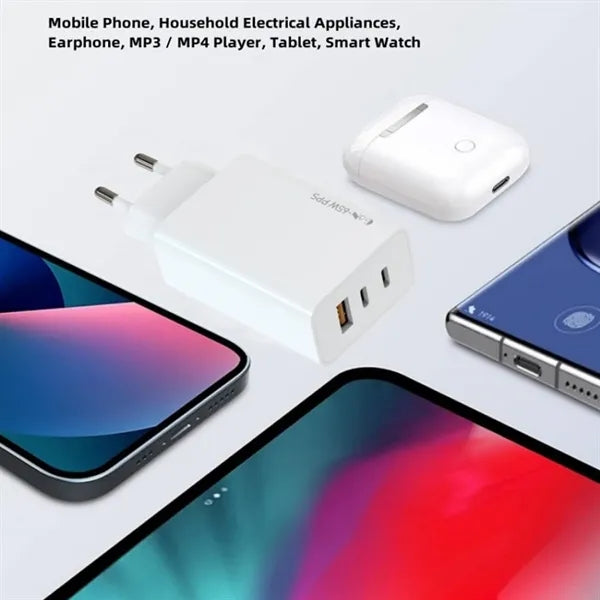 65W Porous GaN Charging Plug with 1 USB-A and 2 USB-C