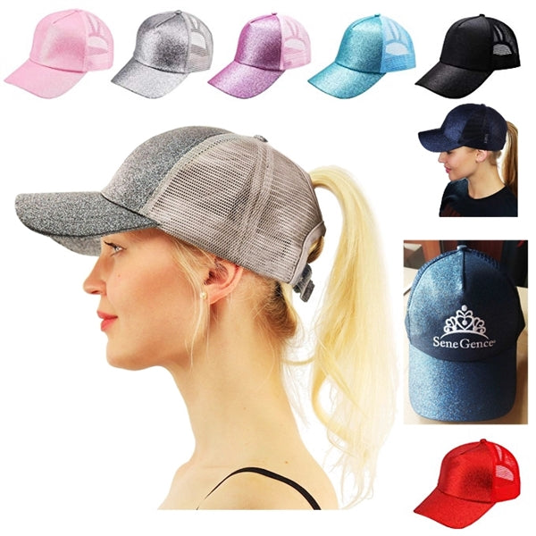 Ponytail Vintage Sports Glitter High Bun Hat