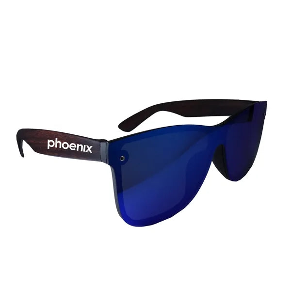 Reflective Frame-less Sunglasses with Wood Tone Arms