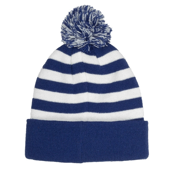 Knit Beanie PomPom w/ Two Tone Stripe