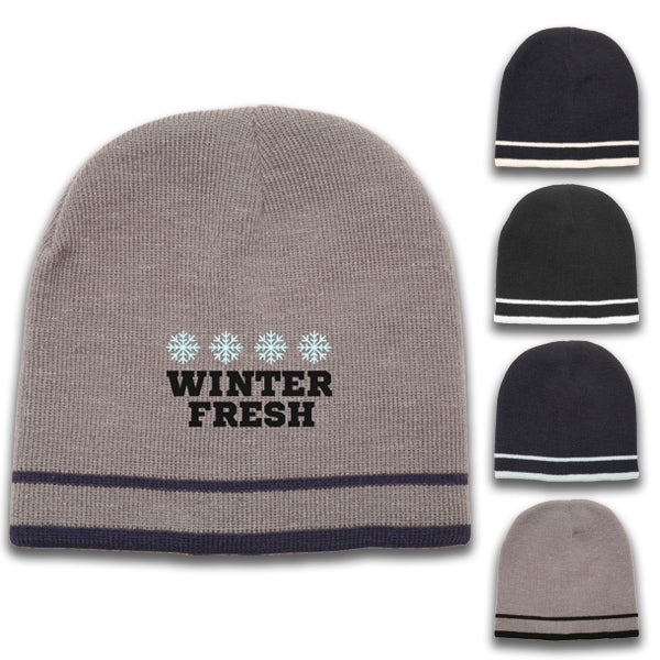 Acrylic Knit embroidered beanies w/ Double stripe