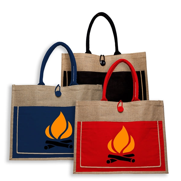 Two Tone Jute Tote Bag W/ Front Pocket & Colored Handles
