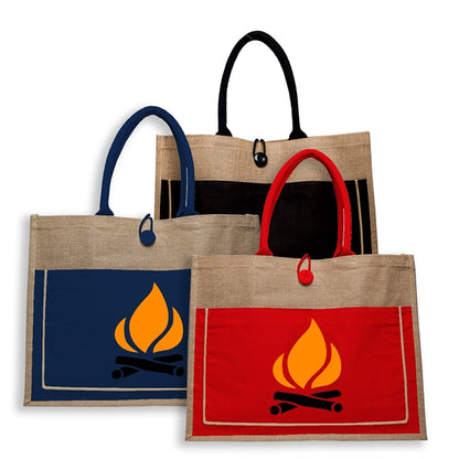 Two Tone Jute Tote Bag W/ Front Pocket & Colored Handles
