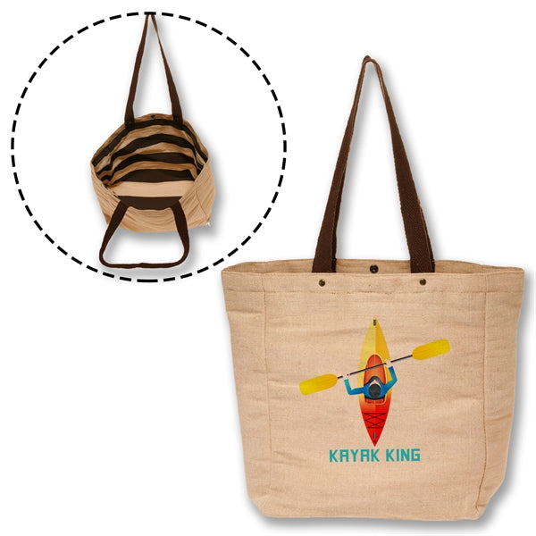 Natural Jute Bag w/ Snap Button & Brown Handles