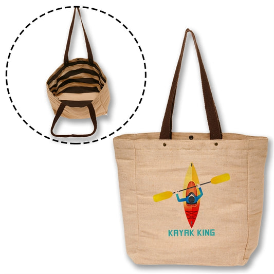 Natural Jute Bag w/ Snap Button & Brown Handles