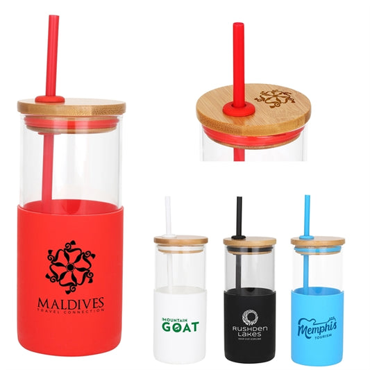 Barbados 18 oz. Glass Tumbler w/Bamboo Lid & Silicone Sleeve