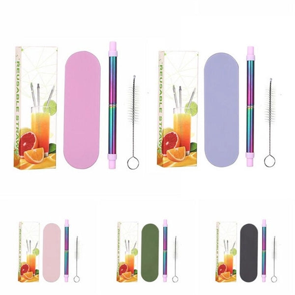 Collapsible Telescopic Rainbow Straw Set In Case