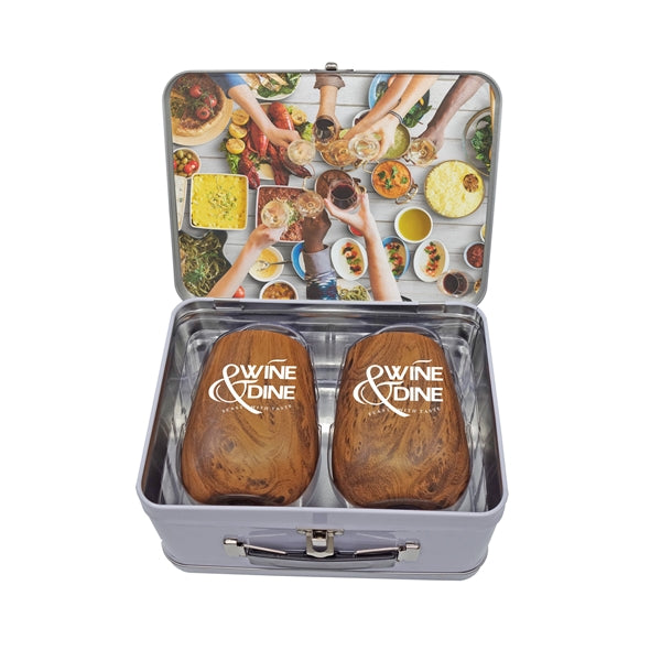Retro Lunchbox + Double 10oz Stemless Wood Tone Wine Glass