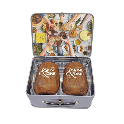 Retro Lunchbox + Double 10oz Stemless Wood Tone Wine Glass
