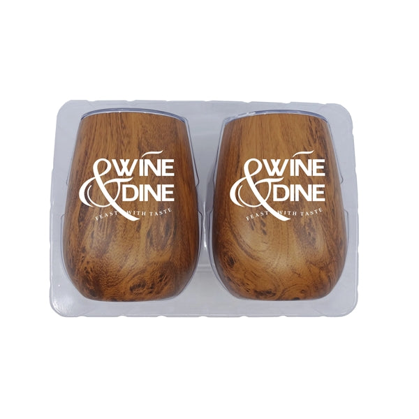 Retro Lunchbox + Double 10oz Stemless Wood Tone Wine Glass