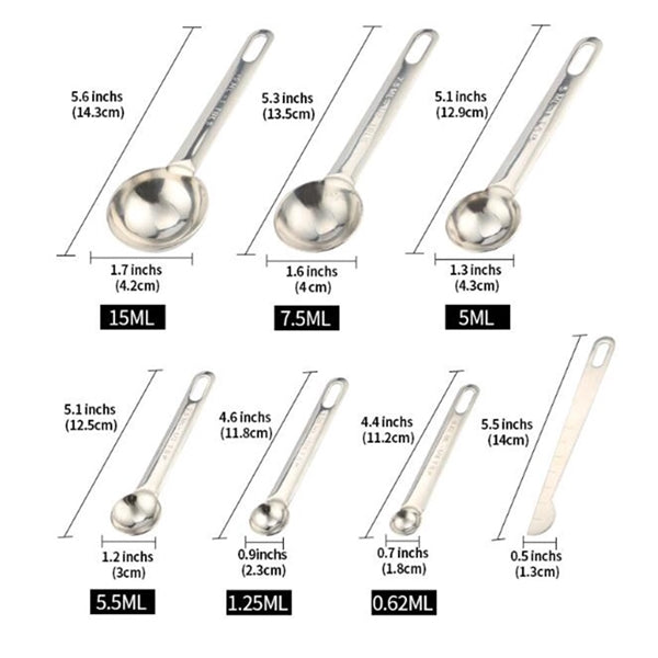Set of 7 Stainless Steel Measuring Spoons
