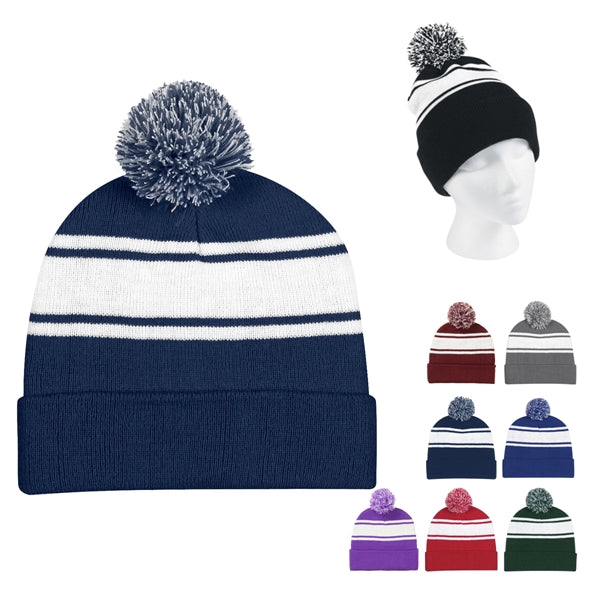 Two-Tone Knit Pom Beanie with Cuff