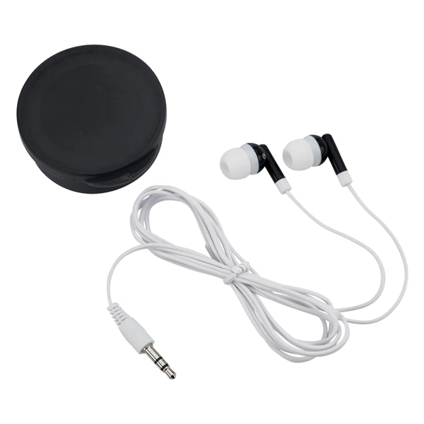 Earbuds In Round Plastic Case