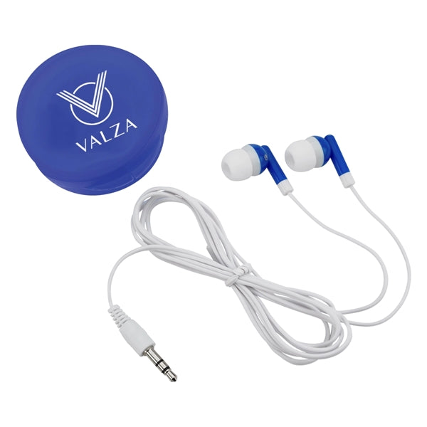 Earbuds In Round Plastic Case