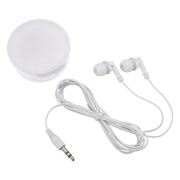 Earbuds In Round Plastic Case