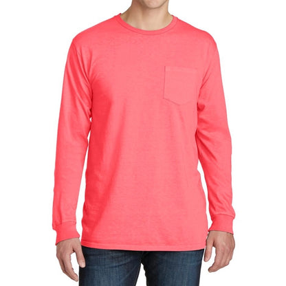 Stylish Pigment-Dyed Long Sleeve Tee with Pocket