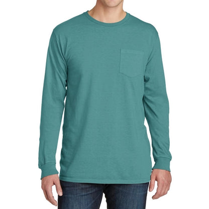 Stylish Pigment-Dyed Long Sleeve Tee with Pocket