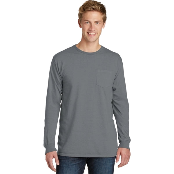 Stylish Pigment-Dyed Long Sleeve Tee with Pocket