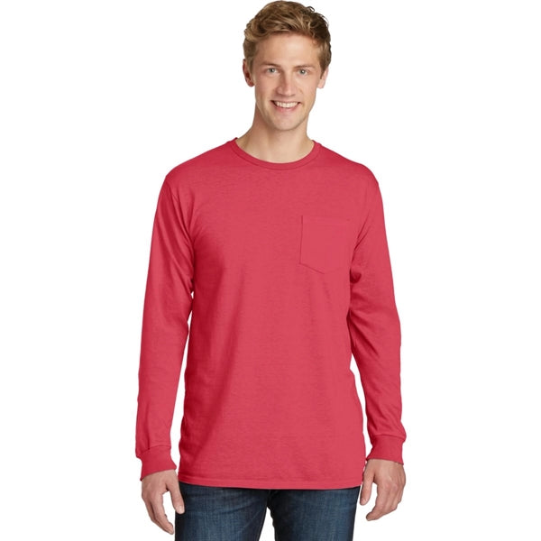 Stylish Pigment-Dyed Long Sleeve Tee with Pocket