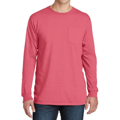 Stylish Pigment-Dyed Long Sleeve Tee with Pocket