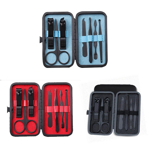 7 in 1 Classic Black PU Leather Manicure Nail Clippers Set P