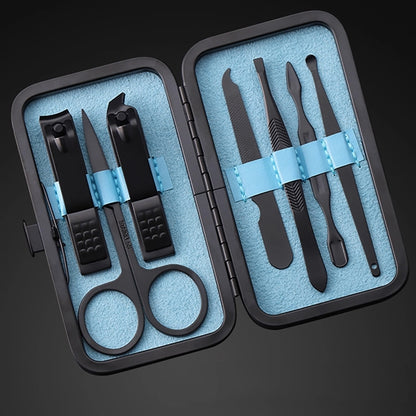 7 in 1 Classic Black PU Leather Manicure Nail Clippers Set P