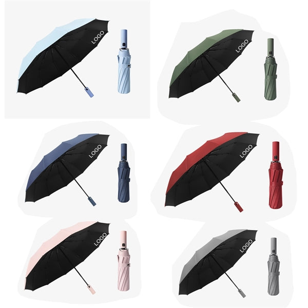 Three-Fold Rain Black Gum Auto Open UV 10 Ribs Umbrella