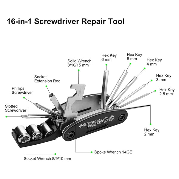 16 in 1 Bicycle Repair Kit Fire Repair Tool Combination