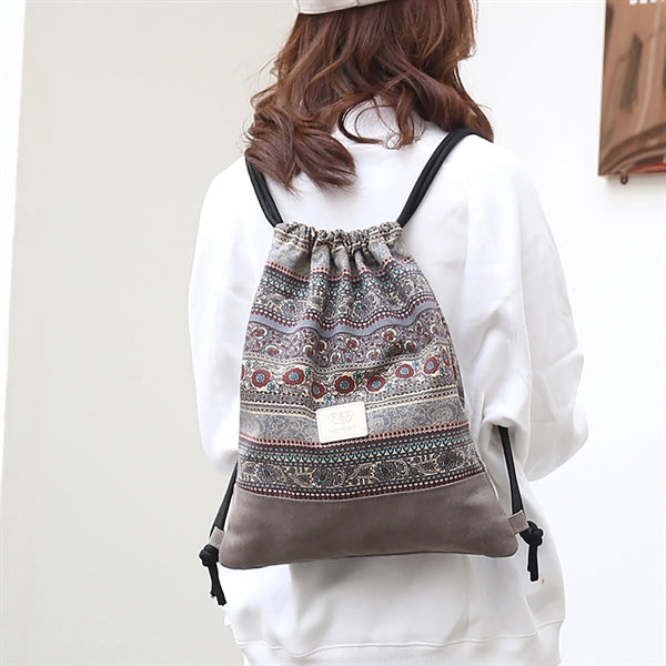 Bohemian Drawstring Backpack Light Cinch Bag Gym Sack String
