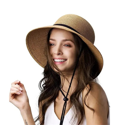 Wide Brim Sun Hat with Wind Lanyard UPF Summer Straw Sun Hat