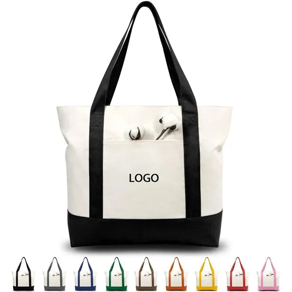 Stylish Canvas Tote Bag with an External Pocket, Top Zipper