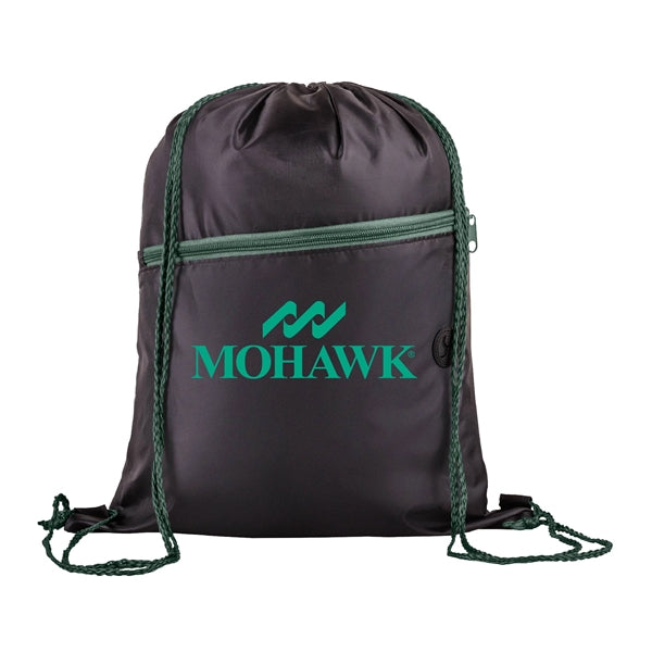 210D Polyester Drawstring Sports Backpack w/ Zipper Pocket