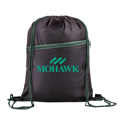 210D Polyester Drawstring Sports Backpack w/ Zipper Pocket