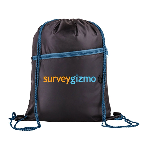 210D Polyester Drawstring Sports Backpack w/ Zipper Pocket
