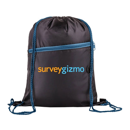210D Polyester Drawstring Sports Backpack w/ Zipper Pocket