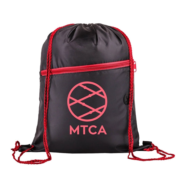 210D Polyester Drawstring Sports Backpack w/ Zipper Pocket