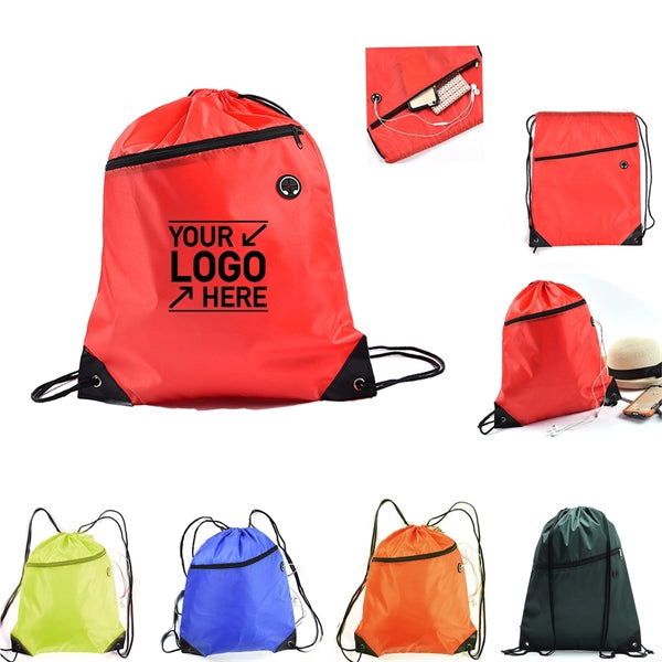 Polyester Drawstring Backpack w/ Front Zippered Compartment