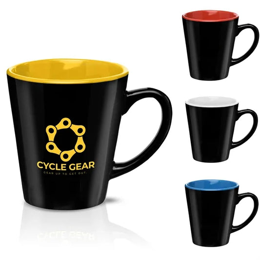 Contrasting color silkscreen ceramic cup.