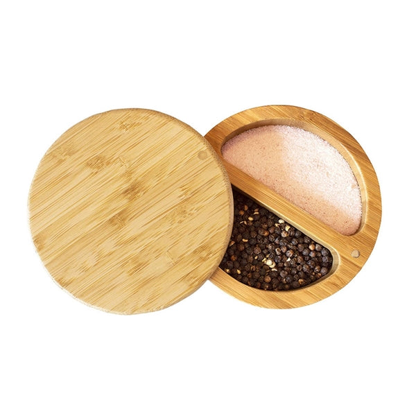 Dual Compartment Round Bamboo Salt and Pepper Box