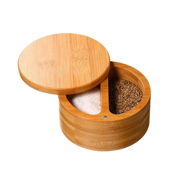 Dual Compartment Round Bamboo Salt and Pepper Box