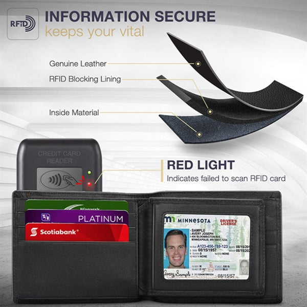 Genuine Leather RFID Blocking Bifold Wallet With 2 ID Window