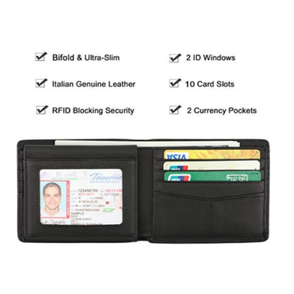Genuine Leather RFID Blocking Bifold Wallet With 2 ID Window