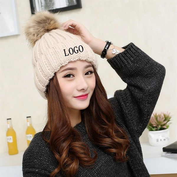 Women Winter Knitted Beanie Hat with Faux Fur
