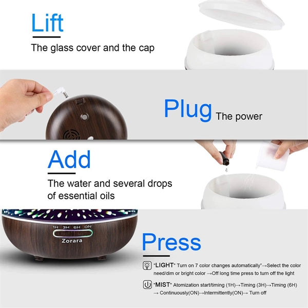 Essential Oil Diffuser 550ml Cool Mist Humidifier 3D Glass